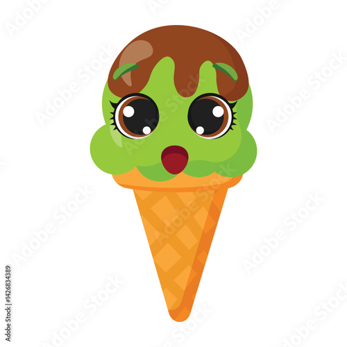 Worried green ice cream cone character with chocolate drizzle Anxious frozen dessert illustration Funny summer treat graphic with troubled face Adorable fruity snack in a waffle cone
