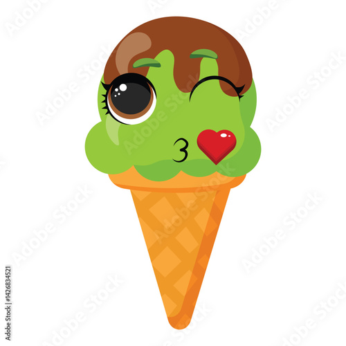Flirty green ice cream cone character with a wink Kissing frozen dessert illustration Funny summer treat graphic with a blowing kiss Adorable fruity snack in a waffle cone
