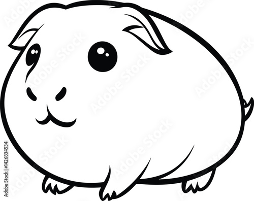 Black and white vector illustration of a guinea pig with a round body, large eyes, small ears, and short legs, drawn in a simple and cartoon-like style
