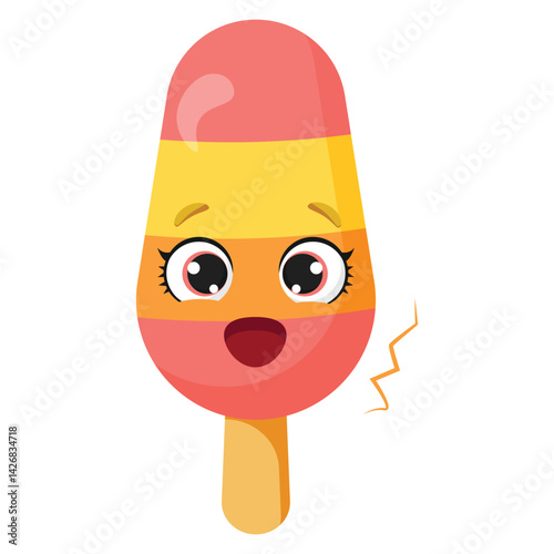 Surprised striped ice cream character with open mouth Shocked frozen treat illustration Funny summer dessert graphic with astonished face Adorable colorful snack with wide eyes