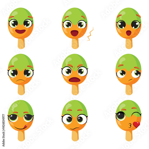 Nine two-toned ice cream characters with different expressions Happy, surprised, sad, worried, angry, silly, neutral, and flirty frozen treats