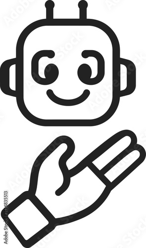 Simple black and white vector illustration of a smiling robot face with two antennae and a hand making the Vulcan salute, symbolizing peace, goodwill, and the fusion of artificial intelligence 