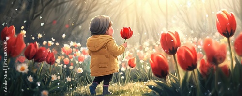 Little child in spring garden holding tulip.