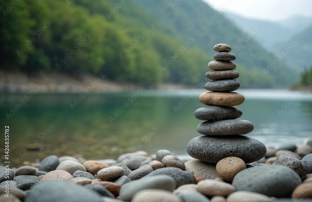 Stone tower balance at riverside, scenic view, blurred mountains landscape, calm water. Stacked pebbles, natural zen concept. Calmness, meditation, spa relaxation, mindfulness, nature harmony, well. Stone tower balance at riverside, scenic view, blurred mountains landscape, calm water. Stacked pebbles, natural zen concept. Calmness, meditation, spa relaxation, mindfulness, nature harmony, well.