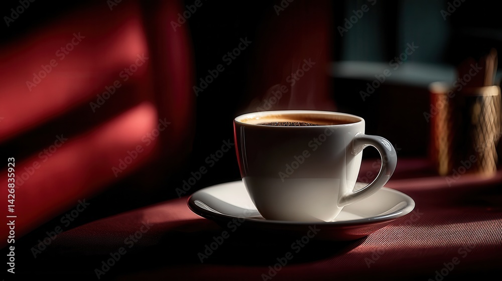Fototapeta premium Peaceful steaming coffee cup in moody cafe setting