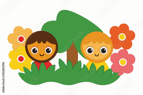 Vector Art – Kids Playing Hide and Seek in Sunlit Garden with Trees and Flowers