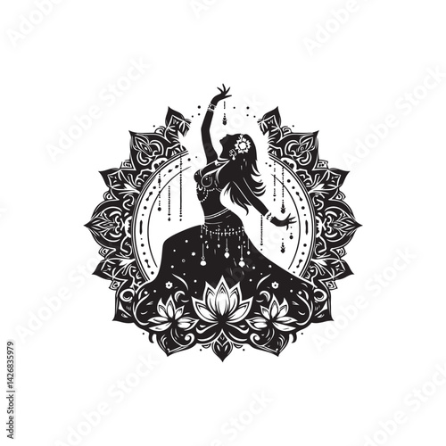 Black Color Belly Dance Silhouette Vector Illustration, Solid White Background