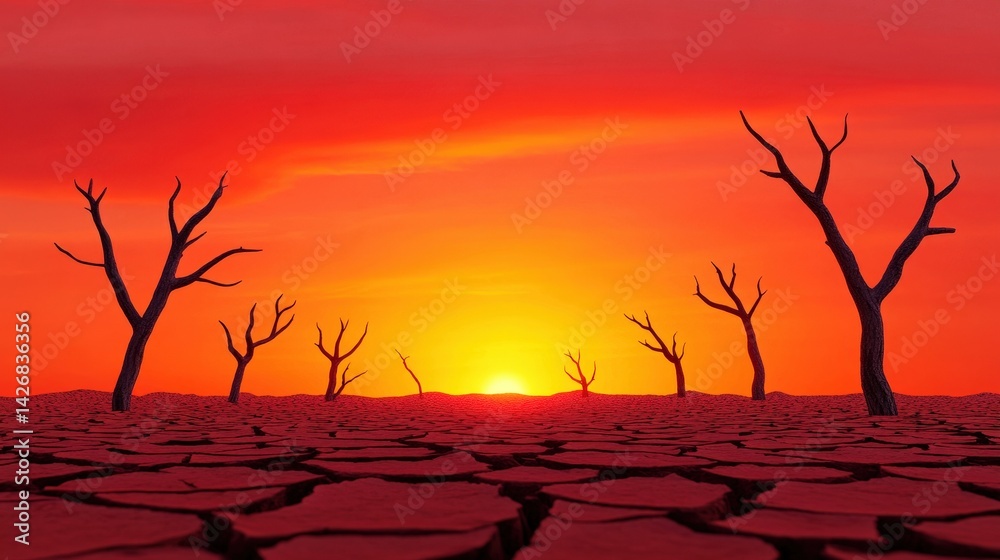 A stunning sunset illuminates a barren landscape, with cracked earth and lifeless trees silhouetted against the glowing orange sky. This captivating view captures the essence of drought