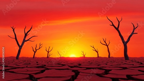 Obraz na płótnie A stunning sunset illuminates a barren landscape, with cracked earth and lifeless trees silhouetted against the glowing orange sky. This captivating view captures the essence of drought w salonie