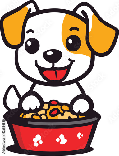 cartoon dog eating food illustration, cute pet animal vector, happy puppy holding red bowl