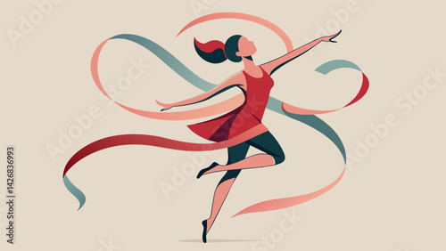 As she twirls and jumps the ribbon weaves intricate patterns around her creating a mesmerizing display.. Vector illustration