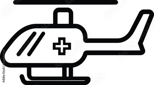 medical helicopter rescue illustration, black white line drawing, emergency transport vector, cross symbol aid aircraft