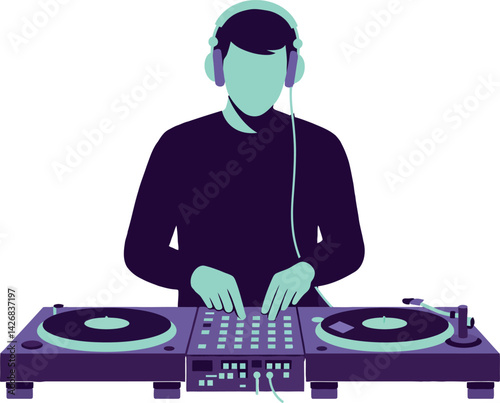 DJ spinning music on turntables with headphones vector illustration in purple and teal colors 