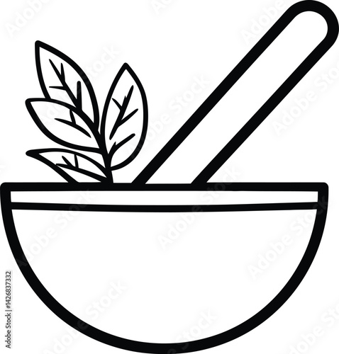mortar and pestle herbal medicine vector, grinding crushing tool illustration, leaves inside bowl-shaped object cooking symbol minimalist design