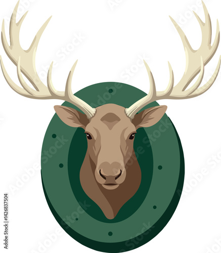 Deer head mounted on green plaque vector illustration with large antlers natural look 