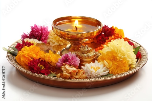 Hindu puja thali featuring diya oil lamp and vibrant flowers for ceremonial worship on a white background
