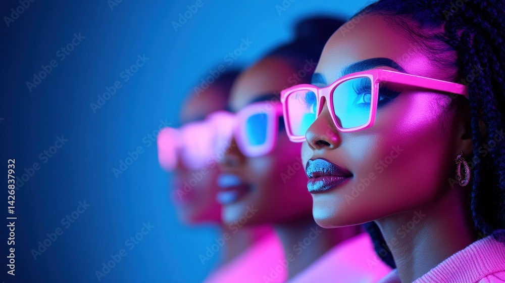 Three women confidently pose with striking pink sunglasses, set against a bright blue backdrop. The vibrant lighting enhances their stylish look in a modern fashion presentation