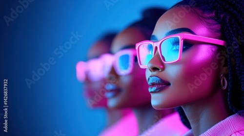 Obraz na płótnie Three women confidently pose with striking pink sunglasses, set against a bright blue backdrop. The vibrant lighting enhances their stylish look in a modern fashion presentation w salonie