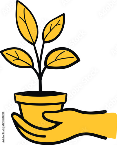 hand holding potted plant illustration, growth nurture care vector, environmental conservation graphic, yellow-black outlined design