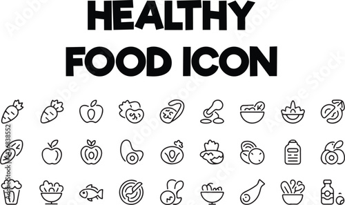 Healthy Food set of web icons in line style. Nutrition linear icon collection. Containing salad, fish, fruit, vegetables, water, protein, vitamins, healthy fats, carbohydrate and more.