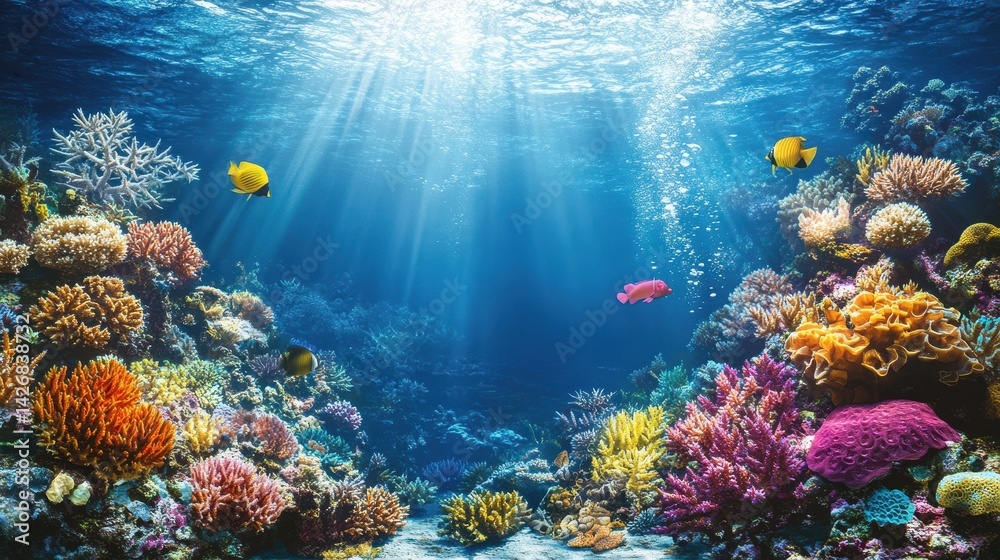 Fototapeta premium A mesmerizing 3D rendering of an underwater world featuring a vibrant coral reef.