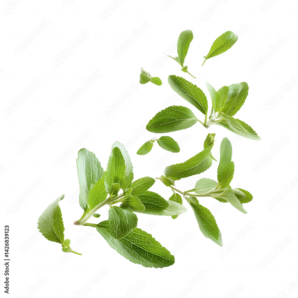Fototapeta premium Floating Stevia Leaves Falling in the Air on Transparent Background