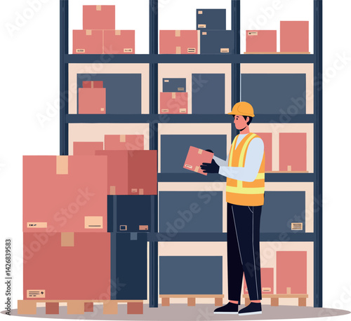 Warehouse worker checking inventory with boxes on shelves in storage facility vector illustration 