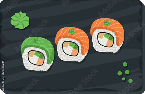 Sushi rolls with salmon and avocado on black slate serving board vector illustration 