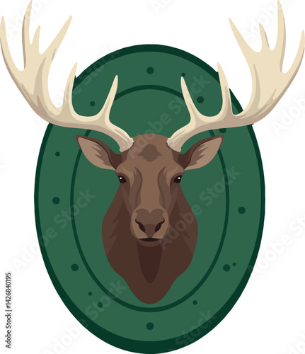 Deer head mounted on green plaque vector illustration with antlers and detailed features 