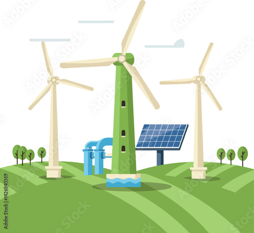 Wind turbines and solar panel renewable energy landscape with green hills and trees vector illustration 