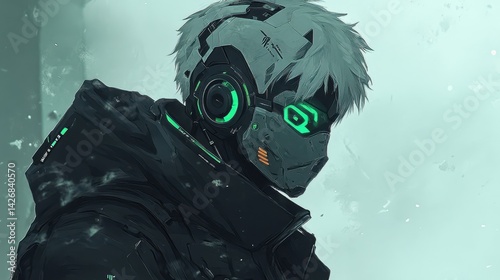 A modern future anime-style illustration features a cyborg robot wearing a sleek jacket and a high-tech mask.