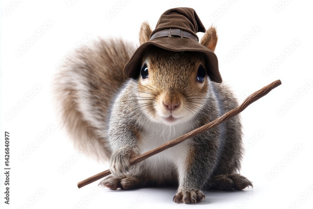 Obraz premium Squirrel character dressed as a wizard with hat and staff showcases a whimsical fantasy concept isolated on white background