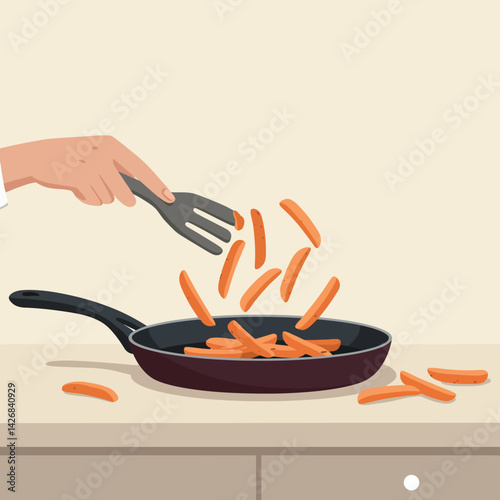 Hand Cooking Carrot Sticks in Pan Healthy Vegetable Meal Preparation Vector Illustration 