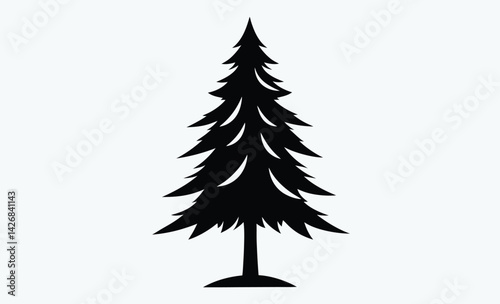 Fir trees silhouette, Coniferous spruce horizontal background patterns, black evergreen woods vector illustration. Beautiful hand drawn panorama with treetops forest.