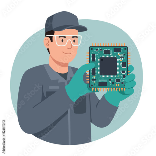Technician holding electronic circuit board in grey uniform and green gloves vector illustration 
