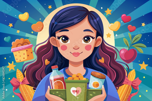 vector of Beautiful hands and face of a girl with a gift box with canned goods for donation.