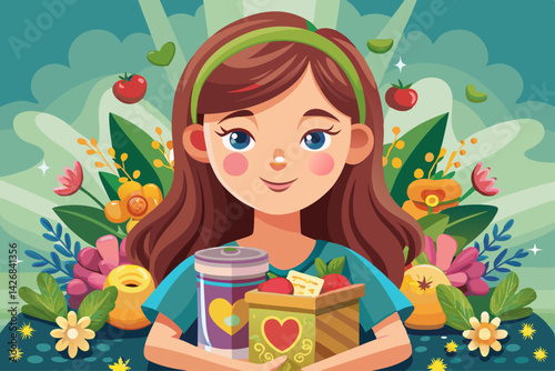 vector of Beautiful hands and face of a girl with a gift box with canned goods for donation.
