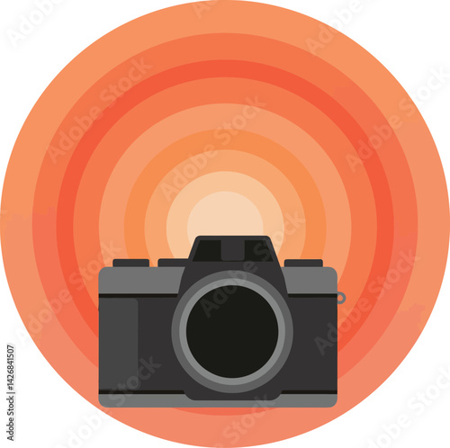 Vintage camera illustration with orange concentric circles background vector design 