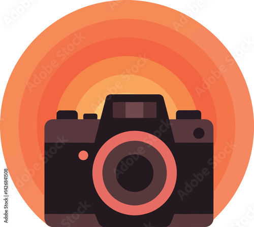 Vintage camera with orange concentric circles background vector illustration design 