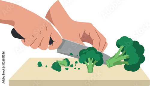 Hands chopping fresh green broccoli on cutting board kitchen cooking preparation vector illustration 