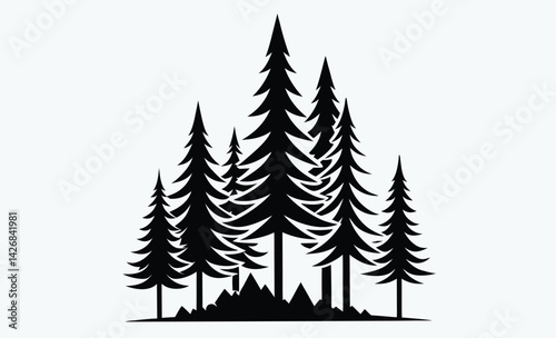Fir trees silhouette, Coniferous spruce horizontal background patterns, black evergreen woods vector illustration. Beautiful hand drawn panorama with treetops forest.