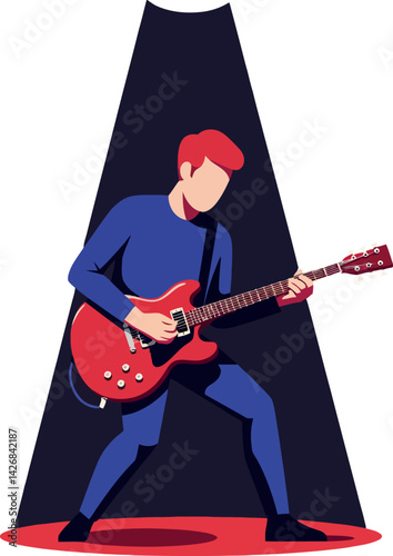 Male Electric Guitar Player Performing on Stage with Red Guitar and Spotlight Vector Illustration 