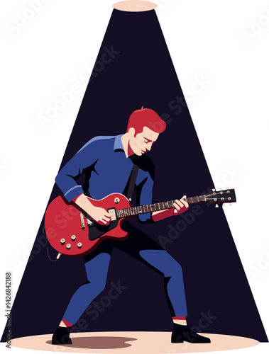 Male guitarist playing electric guitar on stage with spotlight vector illustration 