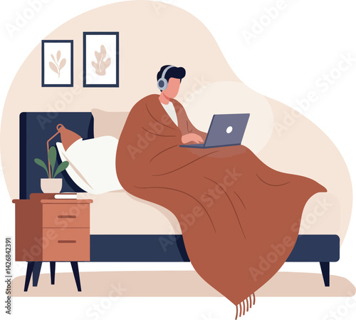 Person working on laptop in bed with headphones and brown blanket vector illustration 