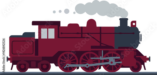 Vintage red steam locomotive train with smoke on railway track vector illustration 