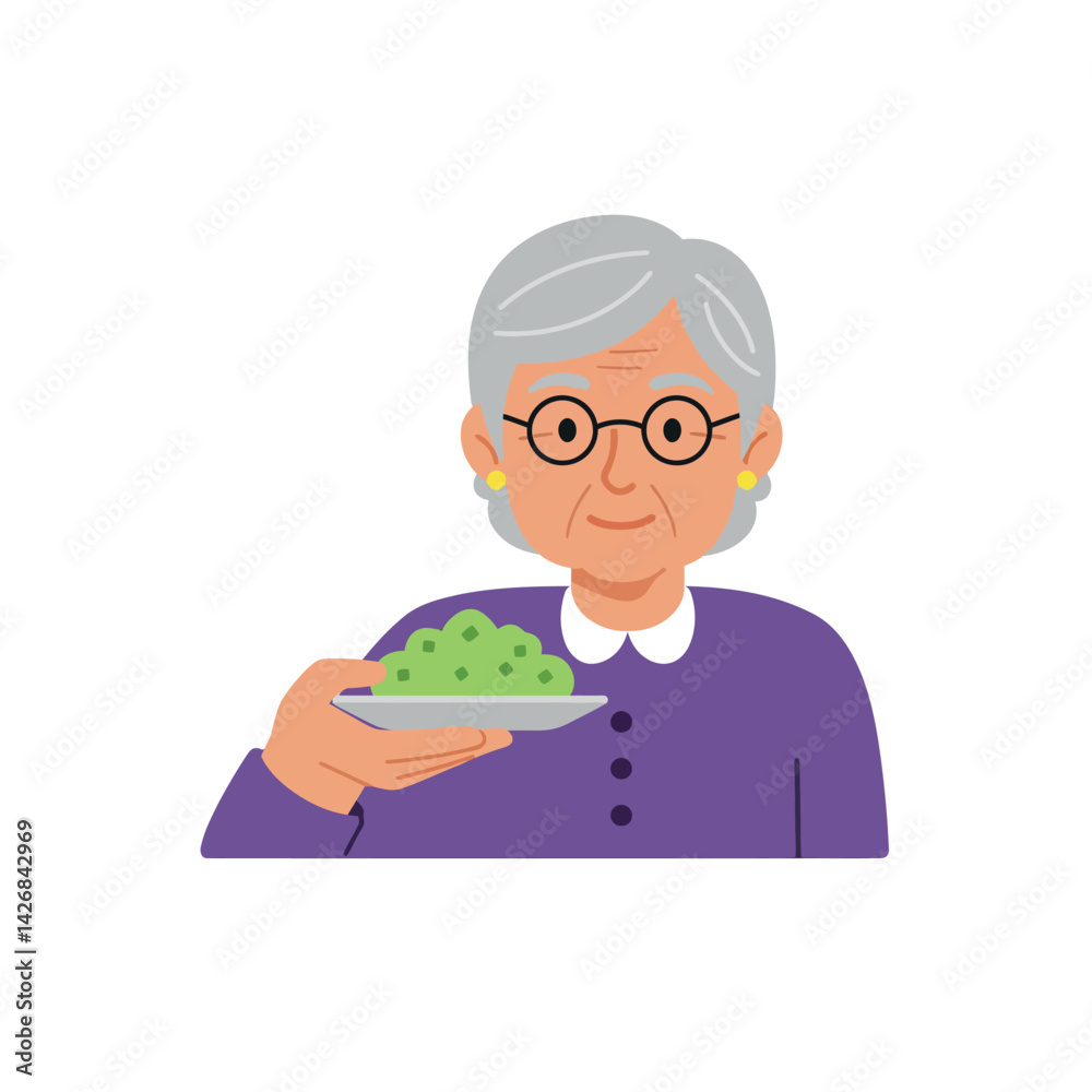 Elderly woman holding plate with green grapes purple clothing vector illustration Elderly woman holding plate with green grapes purple clothing vector illustration