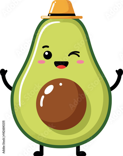 Happy winking avocado character with brown seed and orange hat vector illustration 