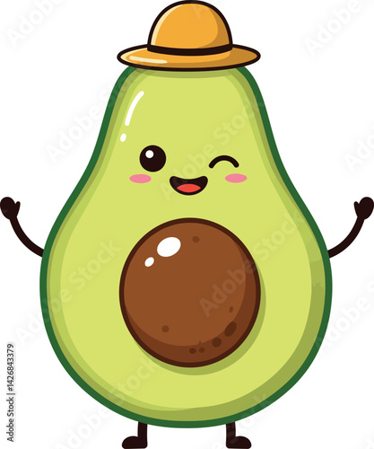 Cute avocado character with hat winking and smiling vector illustration 