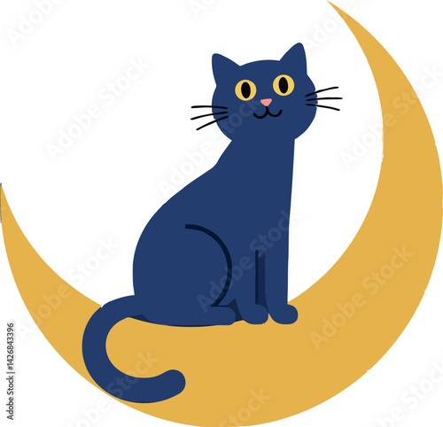 Black cat sitting on golden crescent moon vector illustration with simple design 