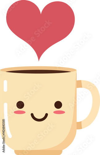 Cute coffee mug with smiling face and floating red heart vector illustration cheerful design 